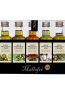 Fünf Miniaturflaschen von Mallafré Olivenöl mit Geschmacksrichtungen: Zitrone, Basilikum, Chili, Knoblauch und Rosmarin, je 40 ml