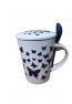 Schmetterlingstasse aus spanischer Keramik in Blau-Weiß mit Deckel, Löffel und Sieb