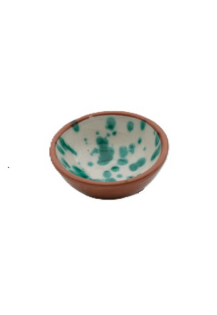 Keramik Schälchen in Eierschale und Terracotta Handgefertigt mit grünen Punkten 2