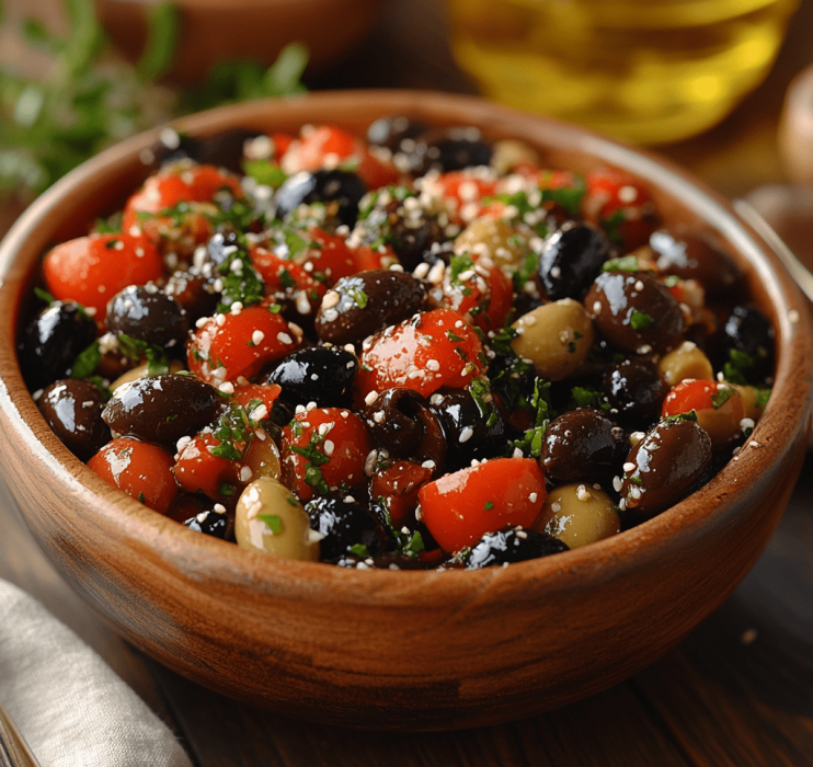 Arbequina-Oliven-Salat Mediterraner Salat mit Arbequina-Oliven, Tomaten und Kräutern in Holzschale