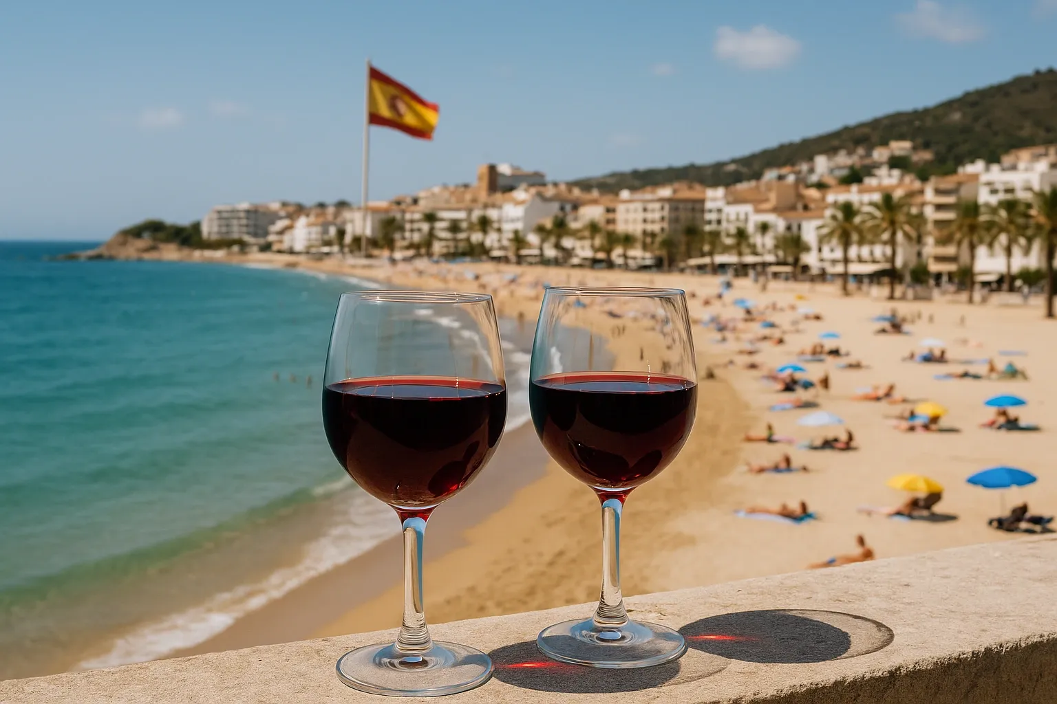 Zwei Gläser spanischer Rotwein am Strand mit Meerblick und spanischer Flagge im Hintergrund