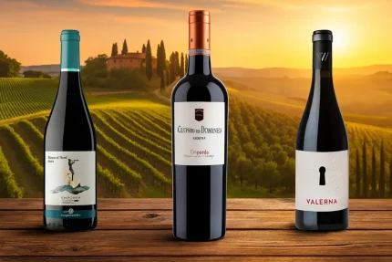 Wein Testpaket Drei Weinflaschen Perdre el Nord Merlot, Clos des Domines Reserva und Valerna am Strand bei Sonnenuntergang – La Bona Vida Weinpaket.