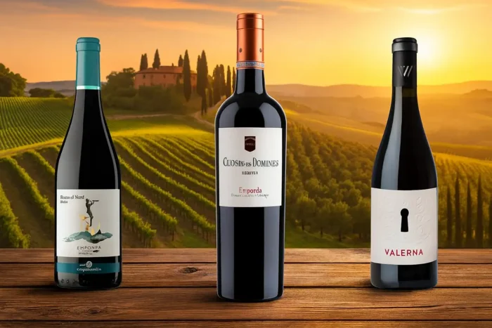 Wein Testpaket Drei Weinflaschen Perdre el Nord Merlot, Clos des Domines Reserva und Valerna am Strand bei Sonnenuntergang – La Bona Vida Weinpaket.