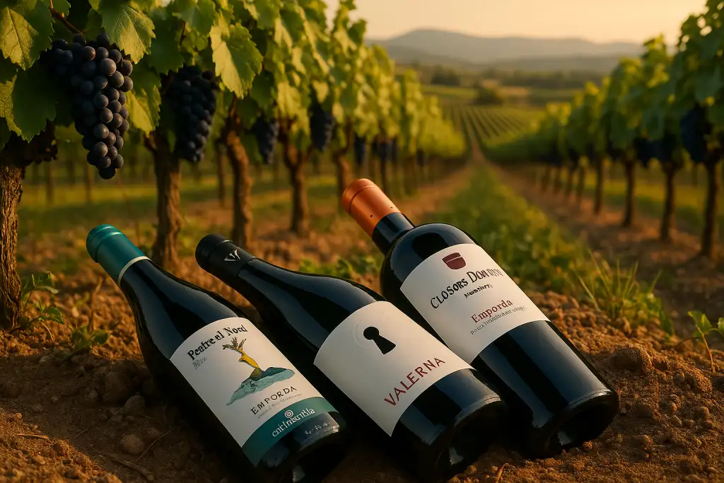 Testpaket Drei Rotweine aus Empordà – Perdre el Nord, Clos de les Dòmines und Valerna liegend im Weinberg